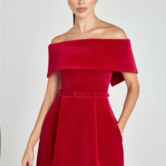 NADINE MERABI Off-Shoulder Red Mini Dress - Picture 2 of 5